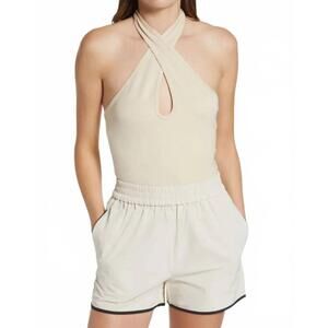 NEW AMYLYNN crisscross halter neck knit top in beige